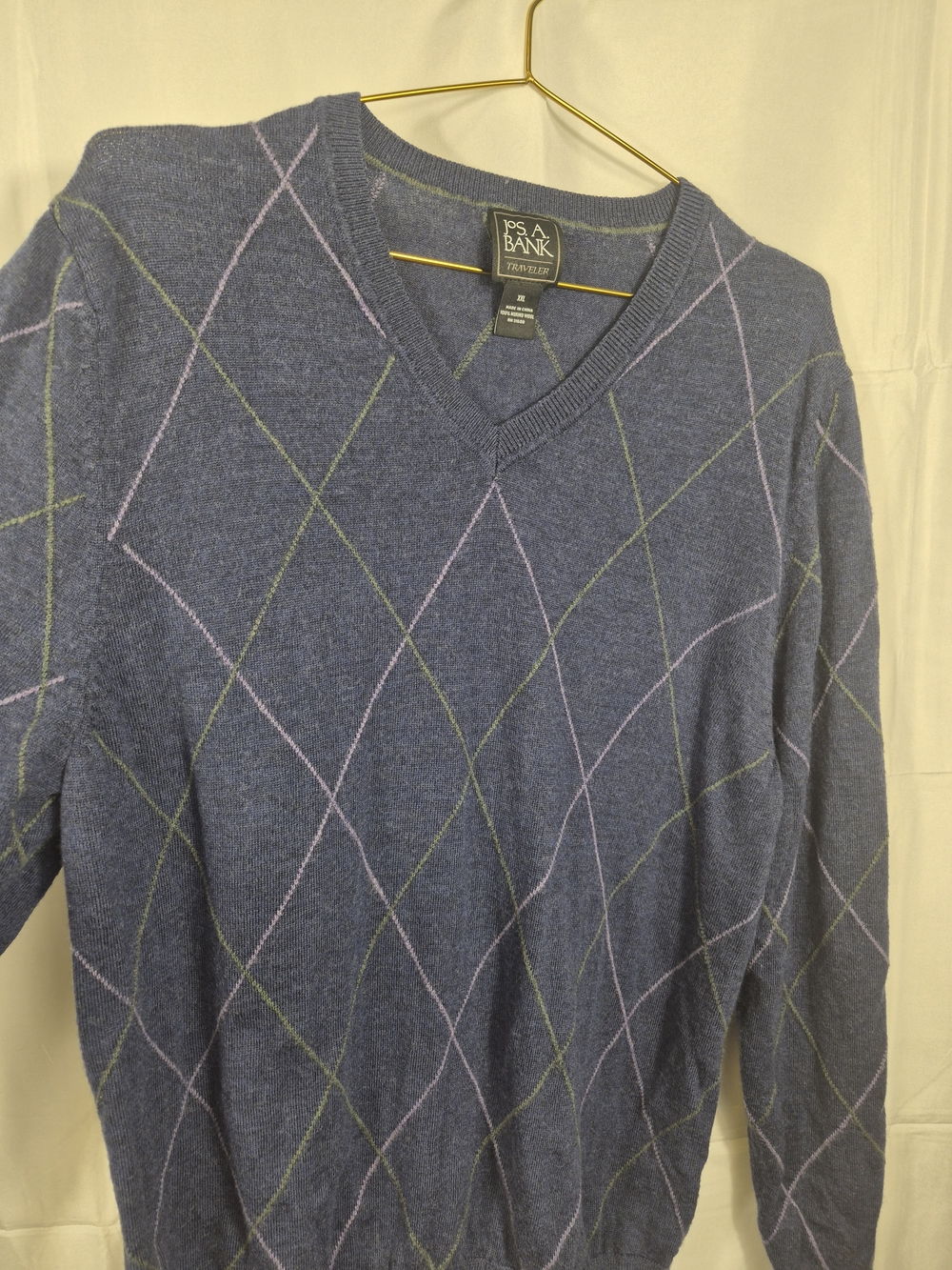 Jos. A. Bank Men's Navy V-Neck Argyle Sweater with Pink & Green Lines